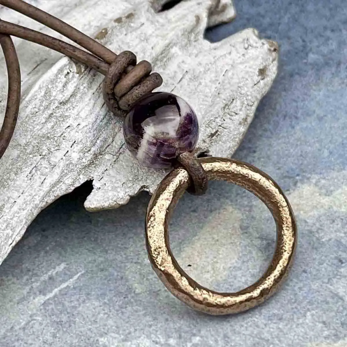 Warm Red Bronze Celtic Ring Money & Genuine Amethyst Leather Necklace | Artifact #8377