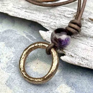 Warm Red Bronze Celtic Ring Money & Genuine Amethyst Leather Necklace | Artifact #8377