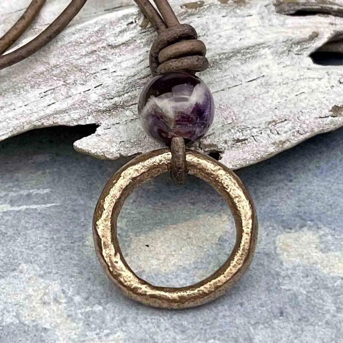 Warm Red Bronze Celtic Ring Money & Genuine Amethyst Leather Necklace | Artifact #8377