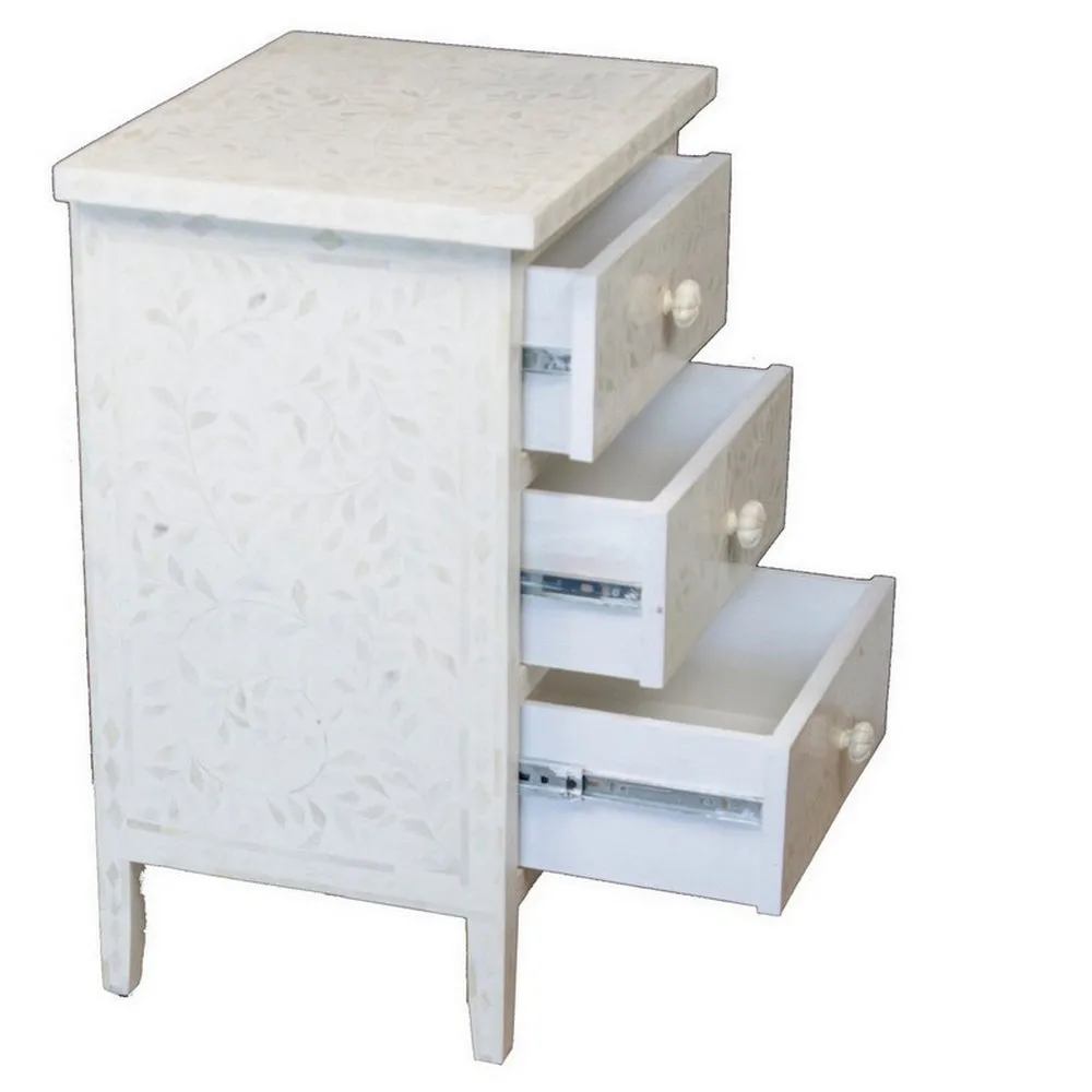 White 3-Drawer Bone Inlay Side Table
