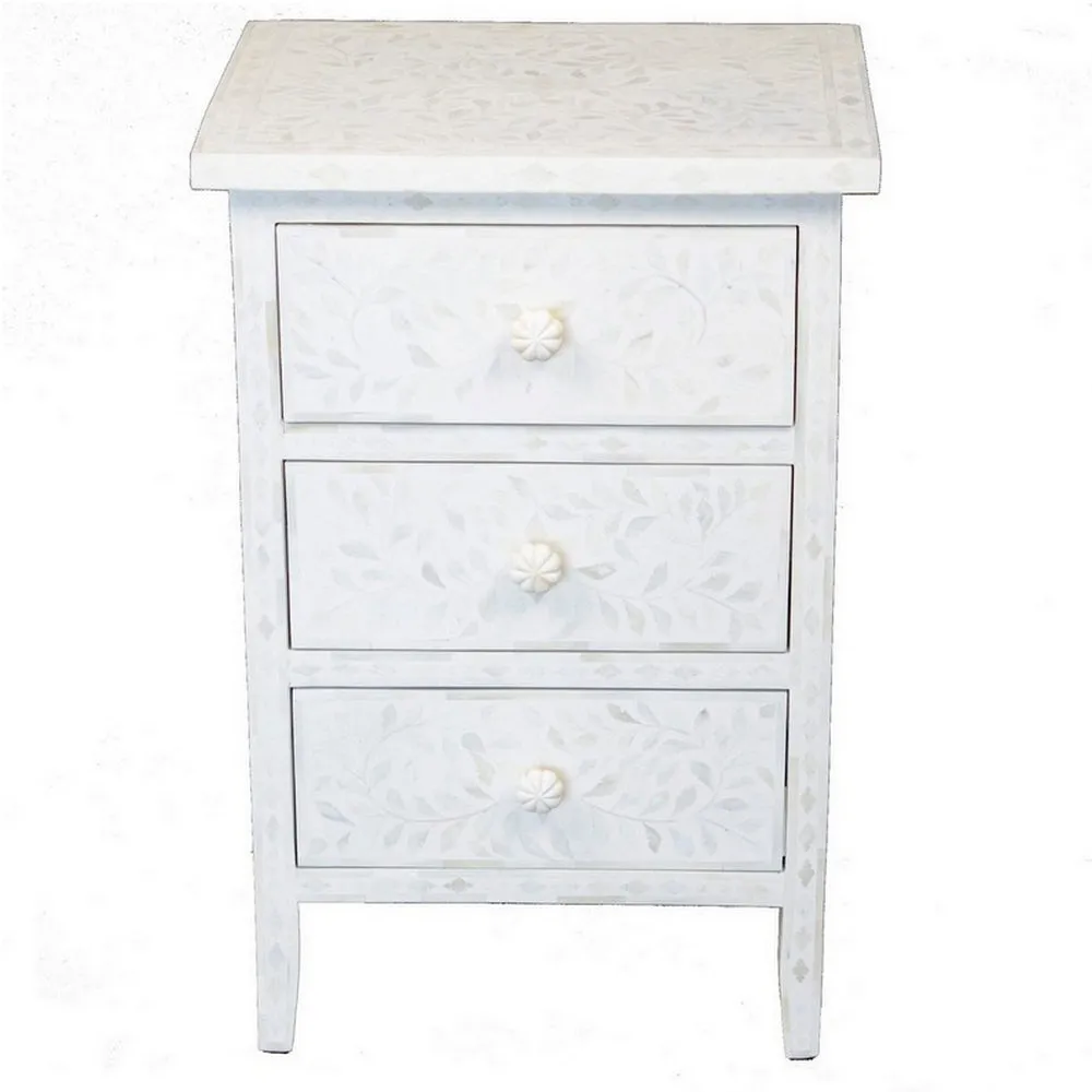White 3-Drawer Bone Inlay Side Table