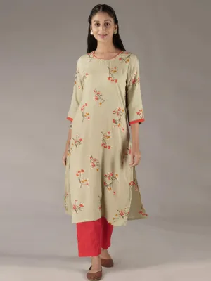 Women Green Rayon Floral Kurta