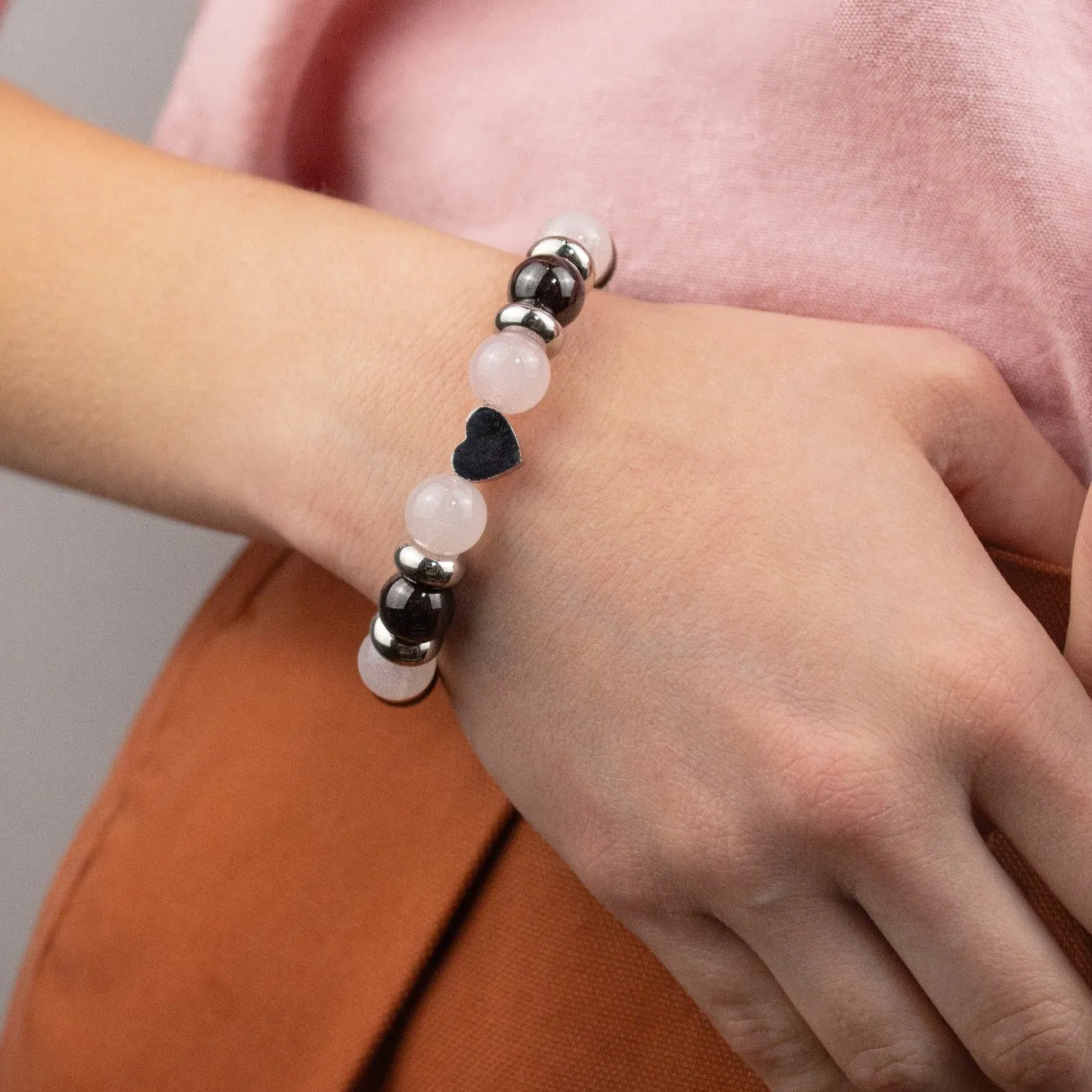 Women's Love & Growth Charm Bracelet: Quartz Rose & Garnet Almandine and Silver Steel