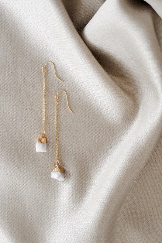 Xander Kostroma -Gold Tone Dangle Drop Earrings –Raw Moonstone -14ct Gold-Plated, Handcrafted -7.5cm Drop –Creativity, Calms Emotions, Balances Energies