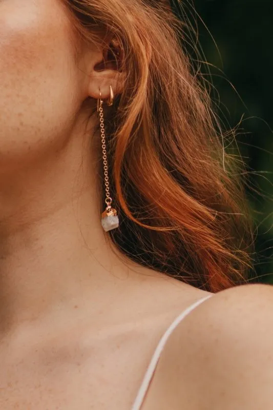 Xander Kostroma -Gold Tone Dangle Drop Earrings –Raw Moonstone -14ct Gold-Plated, Handcrafted -7.5cm Drop –Creativity, Calms Emotions, Balances Energies