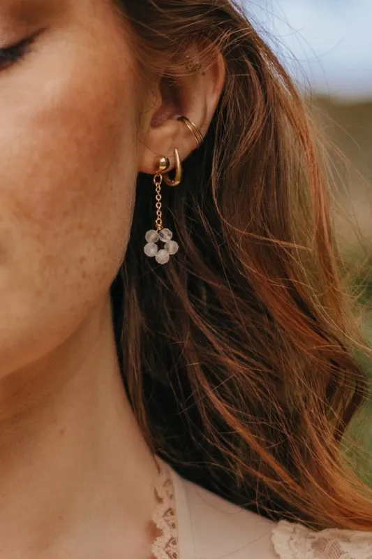 Xander Kostroma Gold Tone Moonstone Flower Crystal Earrings - 3 cm drop, 14K Gold Plated, Healing Moonstone, Unique, Elegant Crystal Jewelry, Perfect for Day-to-Night Wear, Intuition & Balance Benefits