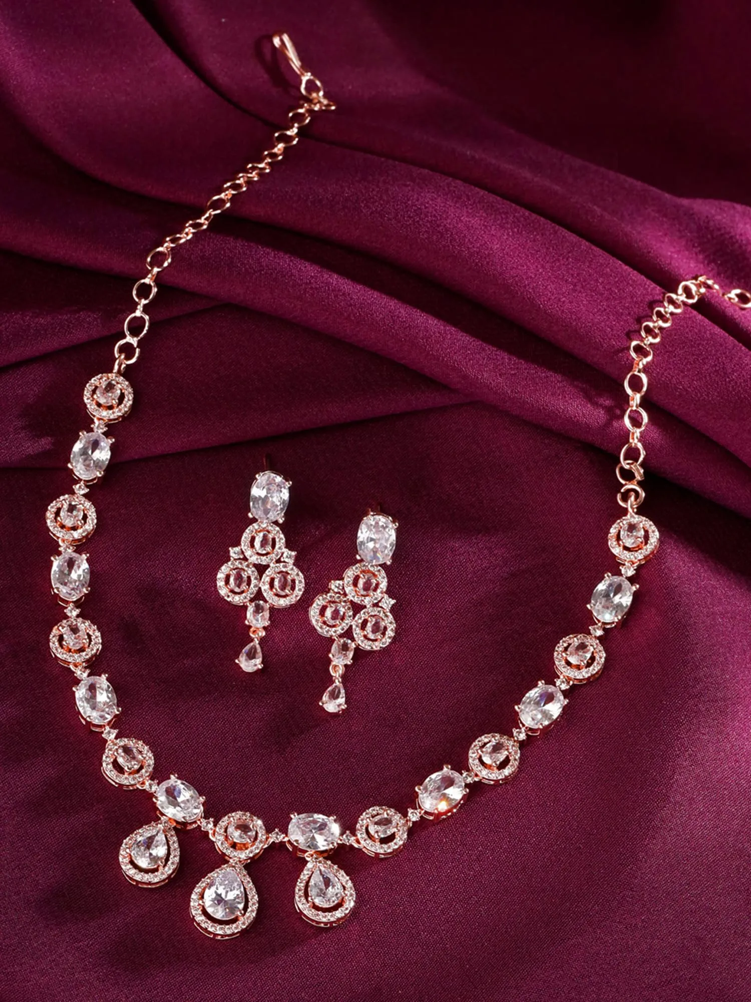 Yellow Chimes Diamond Necklace Set for Women | White Stone Necklace Set | AD Jewellery Set for Women | Rose Gold Diamond Necklace Set | Birthday Gift for Girls & Women Anniversary Gift for Wife
