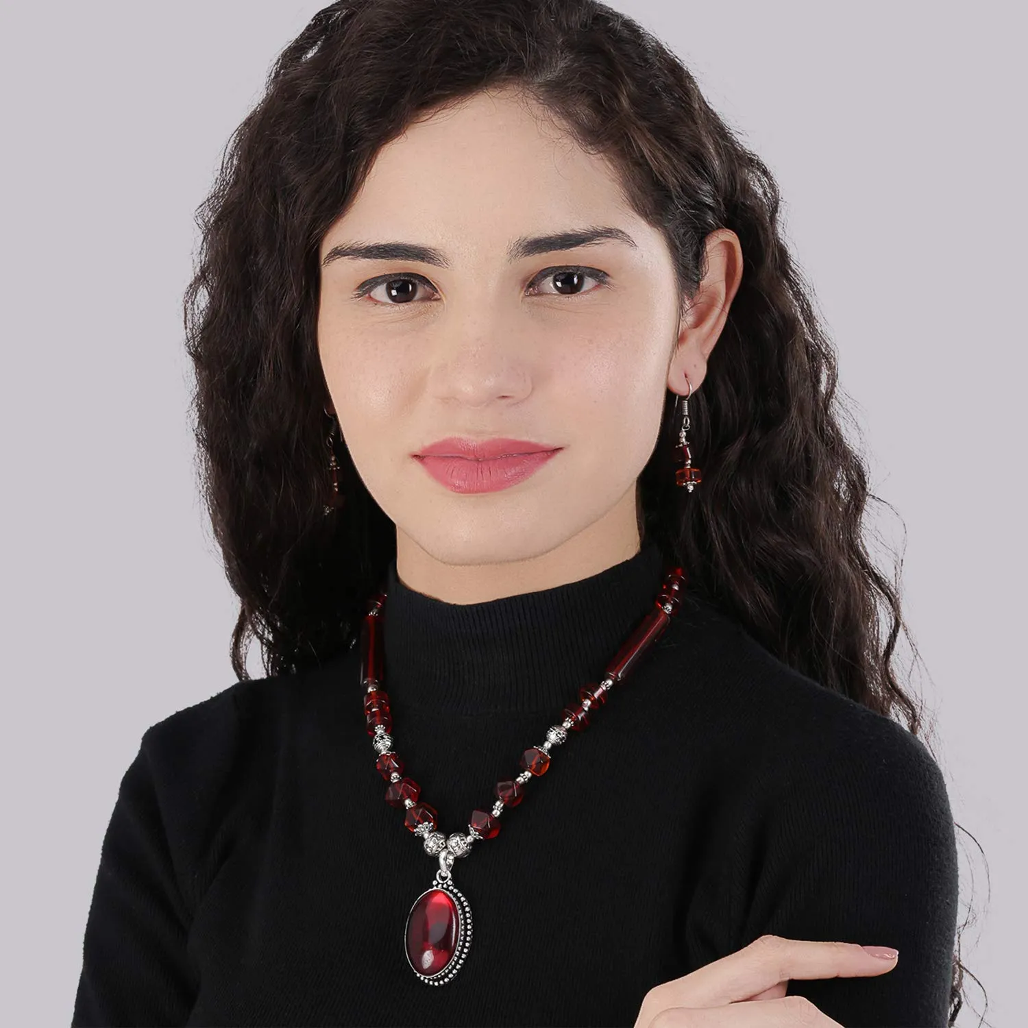 Yellow Chimes German Oxidized Silver Ethnic Black Quartz Beads Beautiful Handmade Designer Necklace Set with Earrings Jewellery Set for Women and Girls (Black)