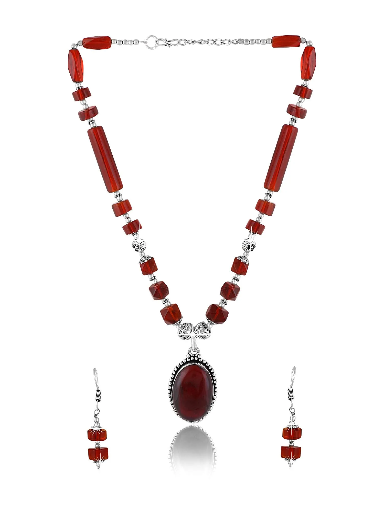 Yellow Chimes German Oxidized Silver Ethnic Black Quartz Beads Beautiful Handmade Designer Necklace Set with Earrings Jewellery Set for Women and Girls (Black)